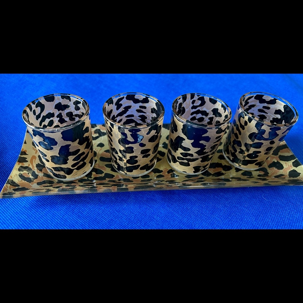 Glass Animal Print Tray & Votive Candle Holder Set